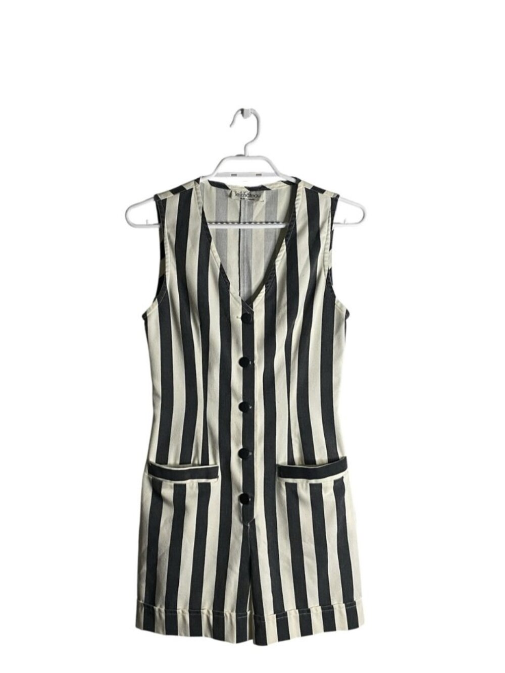 Le Chateau Women's Gray/White Striped Color Block Sleeveless Jumpsuit